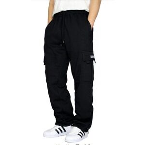 DREAM USA Mens Heavyweight Fleece Cargo Sweatpant Black Relaxed Jogger Large NWT